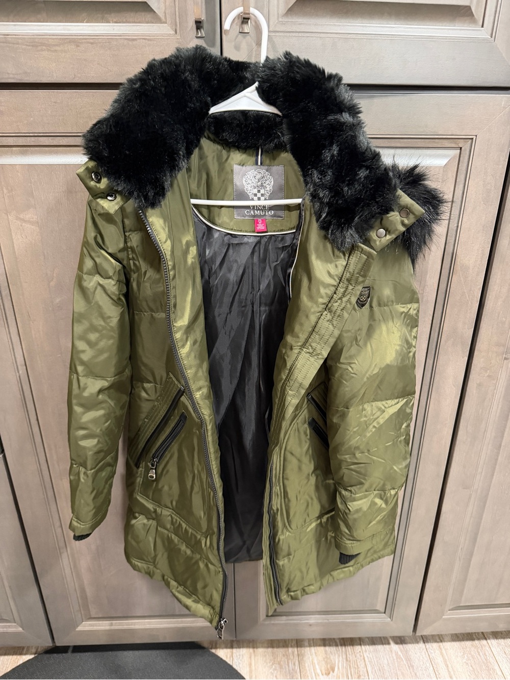 Vince Camuto Olive Green Quilted Puffer Coat with Black Faux Fur Hood